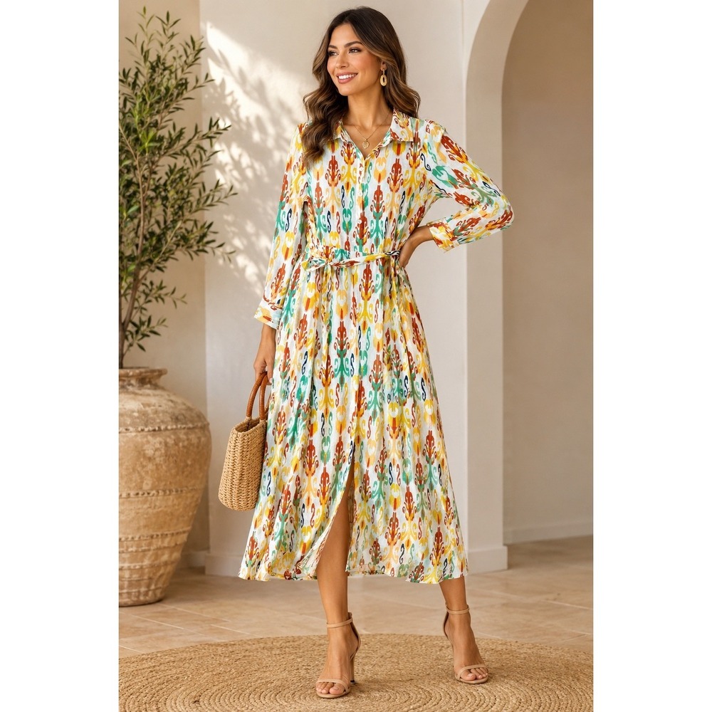Zara Womens M Orange Yellow Ikat Print Belted Midi Shirt Dress Long Sleeve
